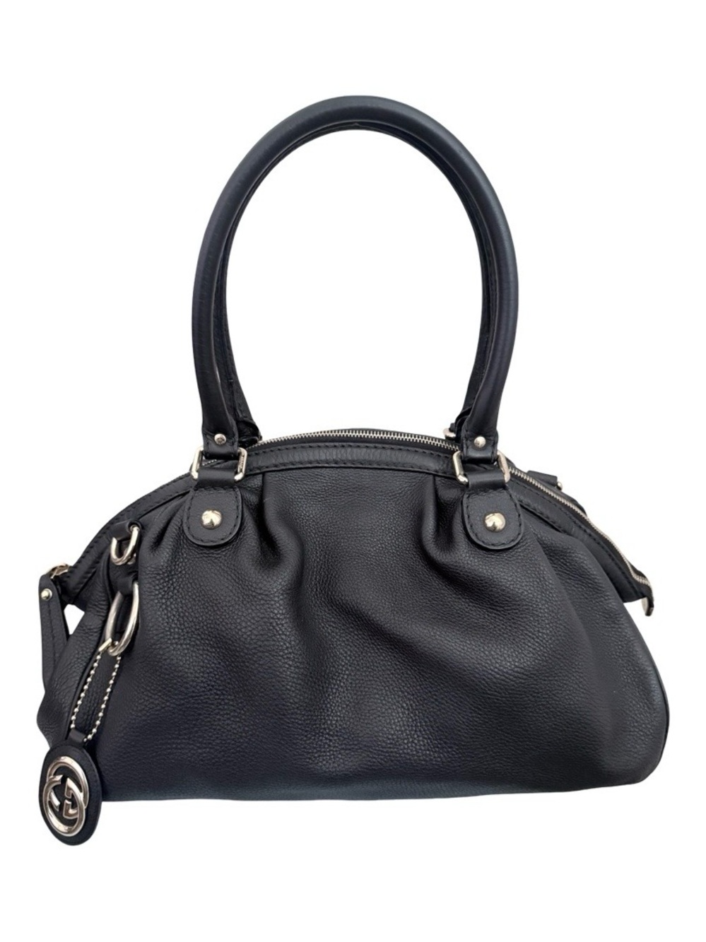 Gucci Black Pebbled Leather 2-Way Top Handle Crossbody Satchel GG Charm